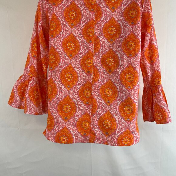 Elizabeth Wilson Mandala Floral Print Top XS Orange Pink White Ruffle Collar - Picture 9 of 11
